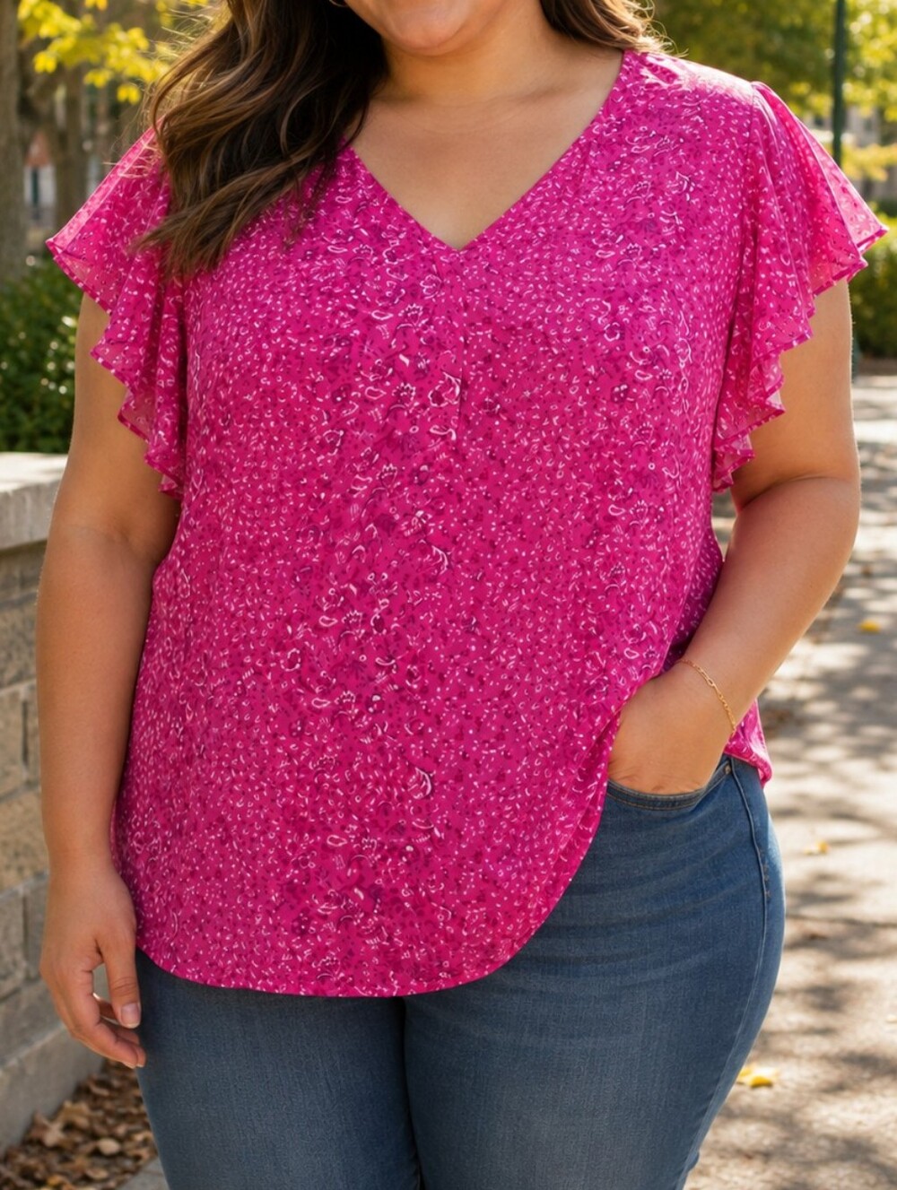Cynthia Rowley Plus Size Bright Pink Floral Flutter Sleeve Blouse Boho Top